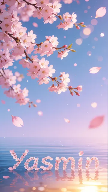 Yasmin diseño 9 - Composición serena y onírica con ramas de cerezo en flor (sakura) en la parte superior contra un cielo en degradado de azul suave y lila. Pétalos de color rosa pastel flotan delicadamente en el aire cayendo hacia una superficie de agua tranquila y cristalina. En el centro inferior, el nombre está formado por pétalos de flores con un sutil efecto de relieve 3D y tipografía floral, reflejándose sobre el agua que está iluminada por un cálido destello dorado de luz solar en la esquina inferior derecha.