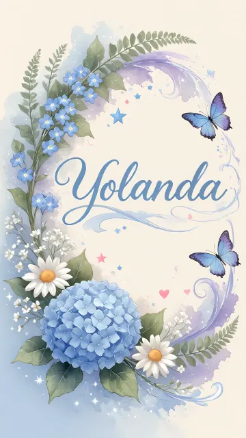 Yolanda diseño 1 - Hortensias azules, flores pequeñas y acuarela suave con mariposas azules y brillo etéreo