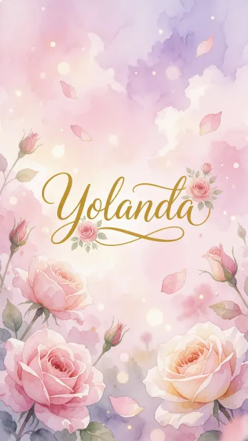 Yolanda diseño 10 - Diseño estilo acuarela con un fondo etéreo y texturizado en nubes de tonos rosa pastel y lila suave. Presenta composiciones de rosas abiertas y capullos en los bordes inferior y superior, con pétalos cayendo delicadamente. Incorpora destellos de luz cálida (efecto bokeh) y, en el centro, resalta una tipografía elegante, cursiva y fluida en color dorado.