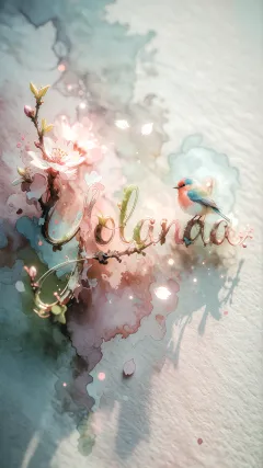 Yolanda - Un delicado diseño de estilo acuarela digital que combina una tipografía de caligrafía personalizada para el nombre en tonos dorados y rosados suaves, adornada con pequeñas hojas y brotes. Un pajarito azul y naranja vibrante está posado en una de las letras. Todo está rodeado por un marco circular de ramas de cerezo en flor con delicadas flores rosadas y blancas. El fondo es un lavado de acuarela difuminado en tonos pastel suaves de azul cerceta, rosa rubor y melocotón sobre una textura de papel rugoso, con destellos luminosos y motas de luz bokeh flotando alrededor, creando una atmósfera mágica y soñadora. Las sombras suaves proyectadas añaden profundidad.