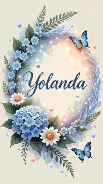 Yolanda diseño 4 - Composición magica con nombre en letra cursiva azul, rodeado de hortensias azules, margaritas blancas y delicadas flores silvestres, enmarcado por suaves remolinos de agua, mariposas azules y destellos estelares sobre un fondo etéreo y romántico.