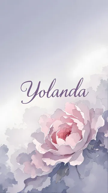 Yolanda diseño 5 - Nombre en elegante tipografía cursiva caligráfica en tono lavanda, sobre fondo acuarela de cielo nublado en tonos pastel (azul, blanco, lavanda), decorado con rosa en acuarela de pétalos rosa pálido, blanco crema y lilas suaves con hojas en gris-verde.