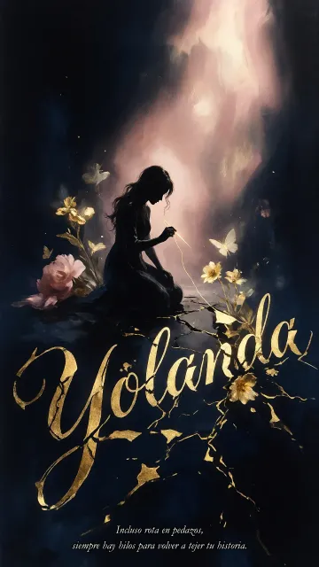 Yolanda diseño 6 - Composición de ilustración semirrealista cinematográfica con silueta femenina tejiendo un hilo dorado de luz sobre un suelo oscuro fracturado al estilo Kintsugi, donde el nombre resalta en un prominente guión caligráfico dorado que emerge de las grietas, rodeado de flores blancas, mariposas y un fondo degradado de azules profundos iluminado por una luz celestial en tonos melocotón y crema, con una frase de aliento en tipografía blanca en la parte inferior.