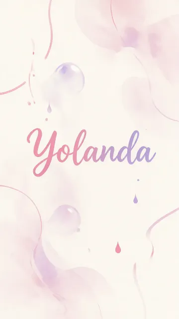 Yolanda diseño 7 - Diseño abstracto en acuarela sobre fondo crema, con manchas fluidas y etéreas en rosa pastel y lila, líneas curvas que aportan movimiento, pequeñas gotas salpicadas cayendo verticalmente y una burbuja translúcida en la parte superior izquierda. El nombre resalta al centro con una tipografía cursiva amplia y elegante en degradado rosa a morado.