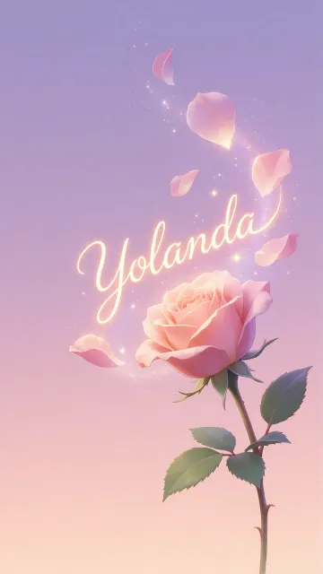 Yolanda diseño 8 - Fondo de Pantalla con degradado suave que transiciona de lila en la parte superior a melocotón y rosa pastel en la base, destacando una rosa rosada hiperrealista con tallo y hojas verdes. El nombre brilla en tipografía cursiva con efecto neón cálido, adornado con pétalos cayendo y chispas de luz mágica.