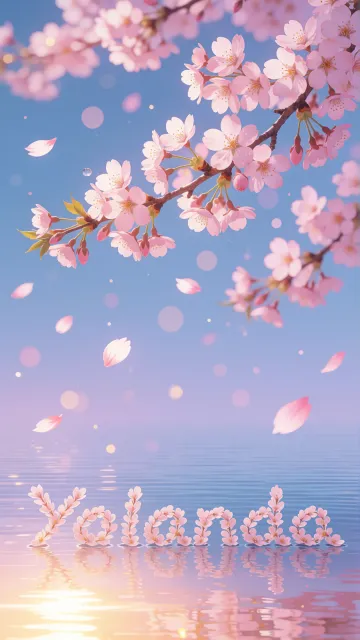 Yolanda diseño 9 - Composición serena y onírica con ramas de cerezo en flor (sakura) en la parte superior contra un cielo en degradado de azul suave y lila. Pétalos de color rosa pastel flotan delicadamente en el aire cayendo hacia una superficie de agua tranquila y cristalina. En el centro inferior, el nombre está formado por pétalos de flores con un sutil efecto de relieve 3D y tipografía floral, reflejándose sobre el agua que está iluminada por un cálido destello dorado de luz solar en la esquina inferior derecha.
