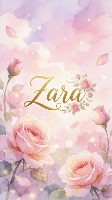 Zara diseño 10 - Diseño estilo acuarela con un fondo etéreo y texturizado en nubes de tonos rosa pastel y lila suave. Presenta composiciones de rosas abiertas y capullos en los bordes inferior y superior, con pétalos cayendo delicadamente. Incorpora destellos de luz cálida (efecto bokeh) y, en el centro, resalta una tipografía elegante, cursiva y fluida en color dorado.