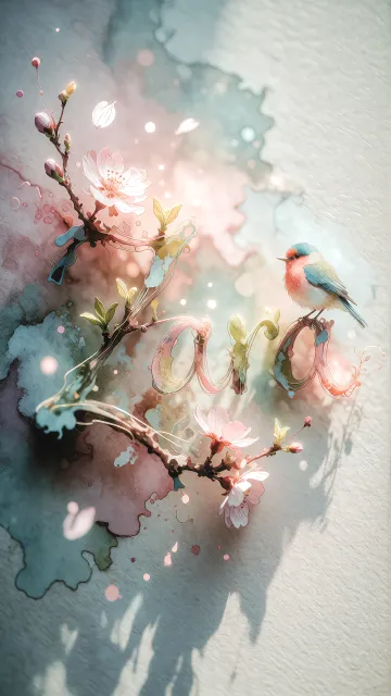 Zara diseño 11 - Un delicado diseño de estilo acuarela digital que combina una tipografía de caligrafía personalizada para el nombre en tonos dorados y rosados suaves, adornada con pequeñas hojas y brotes. Un pajarito azul y naranja vibrante está posado en una de las letras. Todo está rodeado por un marco circular de ramas de cerezo en flor con delicadas flores rosadas y blancas. El fondo es un lavado de acuarela difuminado en tonos pastel suaves de azul cerceta, rosa rubor y melocotón sobre una textura de papel rugoso, con destellos luminosos y motas de luz bokeh flotando alrededor, creando una atmósfera mágica y soñadora. Las sombras suaves proyectadas añaden profundidad.