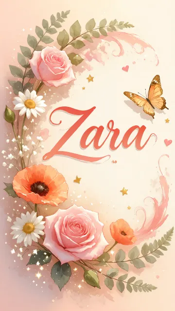 Zara diseño 3 - Elegante composición de rosas rosadas y amapolas naranjas con mariposas doradas brillantes sobre un fondo cálido, romántico y mágico.