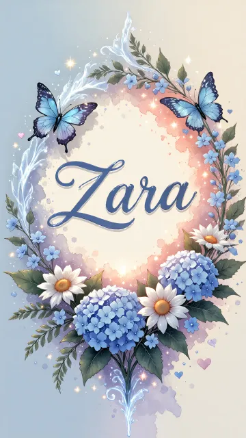 Zara diseño 4 - Composición magica con nombre en letra cursiva azul, rodeado de hortensias azules, margaritas blancas y delicadas flores silvestres, enmarcado por suaves remolinos de agua, mariposas azules y destellos estelares sobre un fondo etéreo y romántico.