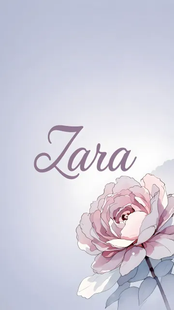 Zara diseño 5 - Nombre en elegante tipografía cursiva caligráfica en tono lavanda, sobre fondo acuarela de cielo nublado en tonos pastel (azul, blanco, lavanda), decorado con rosa en acuarela de pétalos rosa pálido, blanco crema y lilas suaves con hojas en gris-verde.