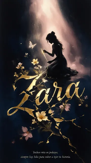 Zara diseño 6 - Composición de ilustración semirrealista cinematográfica con silueta femenina tejiendo un hilo dorado de luz sobre un suelo oscuro fracturado al estilo Kintsugi, donde el nombre resalta en un prominente guión caligráfico dorado que emerge de las grietas, rodeado de flores blancas, mariposas y un fondo degradado de azules profundos iluminado por una luz celestial en tonos melocotón y crema, con una frase de aliento en tipografía blanca en la parte inferior.