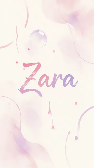 Zara diseño 7 - Diseño abstracto en acuarela sobre fondo crema, con manchas fluidas y etéreas en rosa pastel y lila, líneas curvas que aportan movimiento, pequeñas gotas salpicadas cayendo verticalmente y una burbuja translúcida en la parte superior izquierda. El nombre resalta al centro con una tipografía cursiva amplia y elegante en degradado rosa a morado.