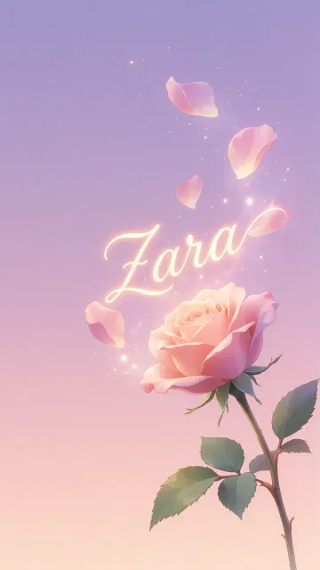 Zara diseño 8 - Fondo de Pantalla con degradado suave que transiciona de lila en la parte superior a melocotón y rosa pastel en la base, destacando una rosa rosada hiperrealista con tallo y hojas verdes. El nombre brilla en tipografía cursiva con efecto neón cálido, adornado con pétalos cayendo y chispas de luz mágica.