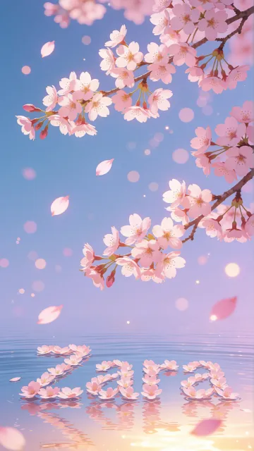Zara diseño 9 - Composición serena y onírica con ramas de cerezo en flor (sakura) en la parte superior contra un cielo en degradado de azul suave y lila. Pétalos de color rosa pastel flotan delicadamente en el aire cayendo hacia una superficie de agua tranquila y cristalina. En el centro inferior, el nombre está formado por pétalos de flores con un sutil efecto de relieve 3D y tipografía floral, reflejándose sobre el agua que está iluminada por un cálido destello dorado de luz solar en la esquina inferior derecha.