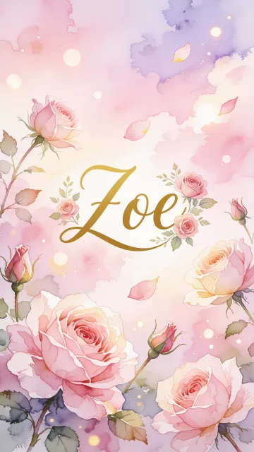 Zoe diseño 10 - Diseño estilo acuarela con un fondo etéreo y texturizado en nubes de tonos rosa pastel y lila suave. Presenta composiciones de rosas abiertas y capullos en los bordes inferior y superior, con pétalos cayendo delicadamente. Incorpora destellos de luz cálida (efecto bokeh) y, en el centro, resalta una tipografía elegante, cursiva y fluida en color dorado.