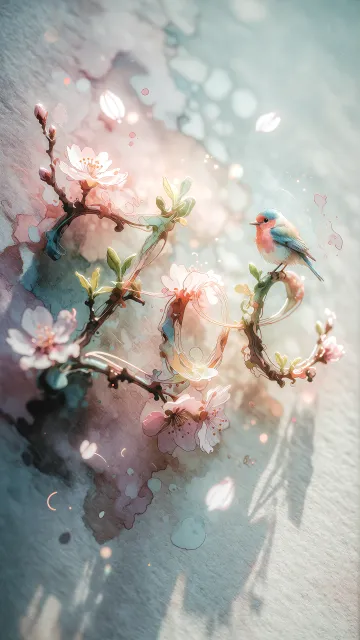 Zoe diseño 11 - Un delicado diseño de estilo acuarela digital que combina una tipografía de caligrafía personalizada para el nombre en tonos dorados y rosados suaves, adornada con pequeñas hojas y brotes. Un pajarito azul y naranja vibrante está posado en una de las letras. Todo está rodeado por un marco circular de ramas de cerezo en flor con delicadas flores rosadas y blancas. El fondo es un lavado de acuarela difuminado en tonos pastel suaves de azul cerceta, rosa rubor y melocotón sobre una textura de papel rugoso, con destellos luminosos y motas de luz bokeh flotando alrededor, creando una atmósfera mágica y soñadora. Las sombras suaves proyectadas añaden profundidad.