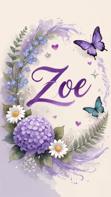 Zoe diseño 2 - Diseño elegante de hortensias en tonos lila y morados suaves, con volutas estilizadas y una mariposa mística que aporta un toque etéreo y mágico.