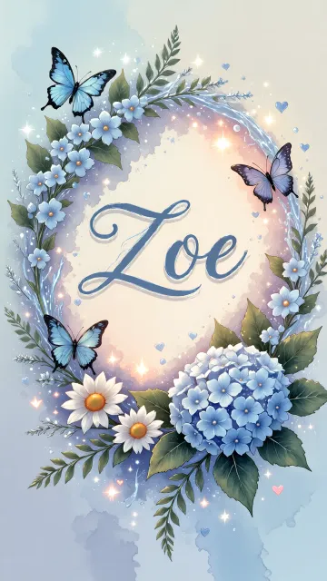 Zoe diseño 4 - Composición magica con nombre en letra cursiva azul, rodeado de hortensias azules, margaritas blancas y delicadas flores silvestres, enmarcado por suaves remolinos de agua, mariposas azules y destellos estelares sobre un fondo etéreo y romántico.