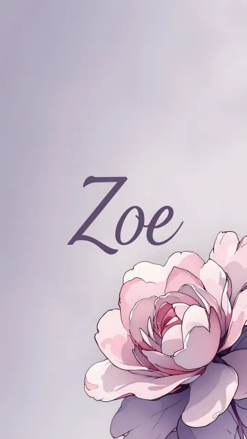 Zoe diseño 5 - Nombre en elegante tipografía cursiva caligráfica en tono lavanda, sobre fondo acuarela de cielo nublado en tonos pastel (azul, blanco, lavanda), decorado con rosa en acuarela de pétalos rosa pálido, blanco crema y lilas suaves con hojas en gris-verde.