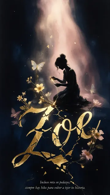 Zoe diseño 6 - Composición de ilustración semirrealista cinematográfica con silueta femenina tejiendo un hilo dorado de luz sobre un suelo oscuro fracturado al estilo Kintsugi, donde el nombre resalta en un prominente guión caligráfico dorado que emerge de las grietas, rodeado de flores blancas, mariposas y un fondo degradado de azules profundos iluminado por una luz celestial en tonos melocotón y crema, con una frase de aliento en tipografía blanca en la parte inferior.