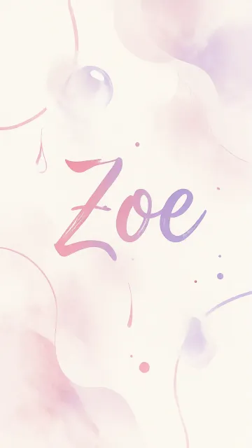 Zoe diseño 7 - Diseño abstracto en acuarela sobre fondo crema, con manchas fluidas y etéreas en rosa pastel y lila, líneas curvas que aportan movimiento, pequeñas gotas salpicadas cayendo verticalmente y una burbuja translúcida en la parte superior izquierda. El nombre resalta al centro con una tipografía cursiva amplia y elegante en degradado rosa a morado.