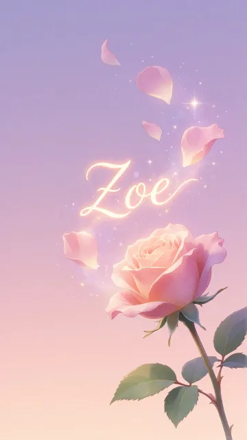 Zoe diseño 8 - Fondo de Pantalla con degradado suave que transiciona de lila en la parte superior a melocotón y rosa pastel en la base, destacando una rosa rosada hiperrealista con tallo y hojas verdes. El nombre brilla en tipografía cursiva con efecto neón cálido, adornado con pétalos cayendo y chispas de luz mágica.