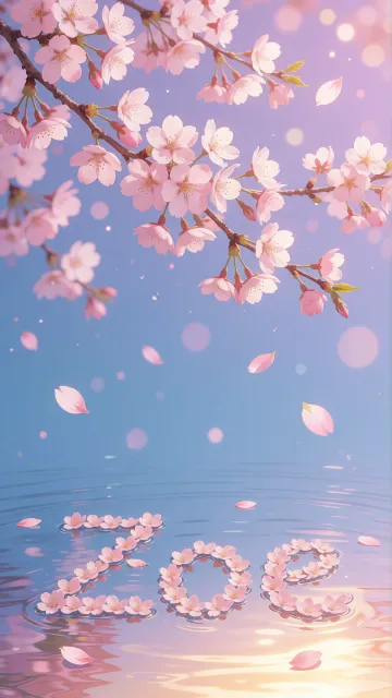 Zoe diseño 9 - Composición serena y onírica con ramas de cerezo en flor (sakura) en la parte superior contra un cielo en degradado de azul suave y lila. Pétalos de color rosa pastel flotan delicadamente en el aire cayendo hacia una superficie de agua tranquila y cristalina. En el centro inferior, el nombre está formado por pétalos de flores con un sutil efecto de relieve 3D y tipografía floral, reflejándose sobre el agua que está iluminada por un cálido destello dorado de luz solar en la esquina inferior derecha.