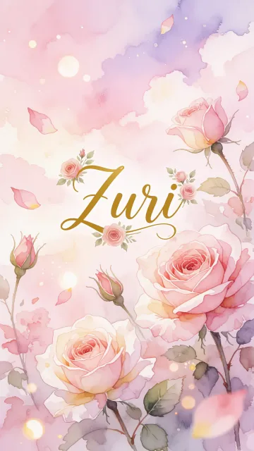Zuri diseño 10 - Diseño estilo acuarela con un fondo etéreo y texturizado en nubes de tonos rosa pastel y lila suave. Presenta composiciones de rosas abiertas y capullos en los bordes inferior y superior, con pétalos cayendo delicadamente. Incorpora destellos de luz cálida (efecto bokeh) y, en el centro, resalta una tipografía elegante, cursiva y fluida en color dorado.