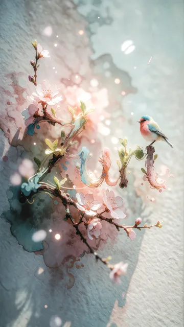 Zuri diseño 11 - Un delicado diseño de estilo acuarela digital que combina una tipografía de caligrafía personalizada para el nombre en tonos dorados y rosados suaves, adornada con pequeñas hojas y brotes. Un pajarito azul y naranja vibrante está posado en una de las letras. Todo está rodeado por un marco circular de ramas de cerezo en flor con delicadas flores rosadas y blancas. El fondo es un lavado de acuarela difuminado en tonos pastel suaves de azul cerceta, rosa rubor y melocotón sobre una textura de papel rugoso, con destellos luminosos y motas de luz bokeh flotando alrededor, creando una atmósfera mágica y soñadora. Las sombras suaves proyectadas añaden profundidad.