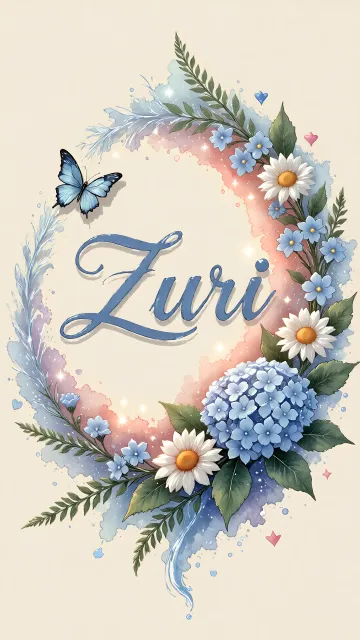 Zuri diseño 4 - Composición magica con nombre en letra cursiva azul, rodeado de hortensias azules, margaritas blancas y delicadas flores silvestres, enmarcado por suaves remolinos de agua, mariposas azules y destellos estelares sobre un fondo etéreo y romántico.