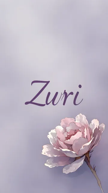 Zuri diseño 5 - Nombre en elegante tipografía cursiva caligráfica en tono lavanda, sobre fondo acuarela de cielo nublado en tonos pastel (azul, blanco, lavanda), decorado con rosa en acuarela de pétalos rosa pálido, blanco crema y lilas suaves con hojas en gris-verde.
