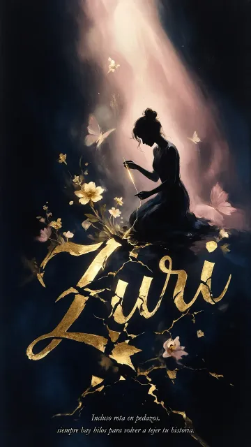 Zuri diseño 6 - Composición de ilustración semirrealista cinematográfica con silueta femenina tejiendo un hilo dorado de luz sobre un suelo oscuro fracturado al estilo Kintsugi, donde el nombre resalta en un prominente guión caligráfico dorado que emerge de las grietas, rodeado de flores blancas, mariposas y un fondo degradado de azules profundos iluminado por una luz celestial en tonos melocotón y crema, con una frase de aliento en tipografía blanca en la parte inferior.