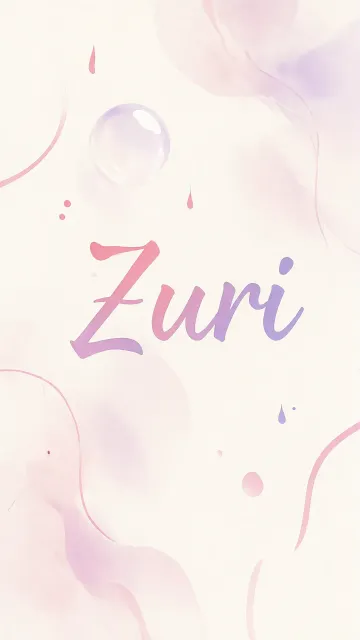 Zuri diseño 7 - Diseño abstracto en acuarela sobre fondo crema, con manchas fluidas y etéreas en rosa pastel y lila, líneas curvas que aportan movimiento, pequeñas gotas salpicadas cayendo verticalmente y una burbuja translúcida en la parte superior izquierda. El nombre resalta al centro con una tipografía cursiva amplia y elegante en degradado rosa a morado.