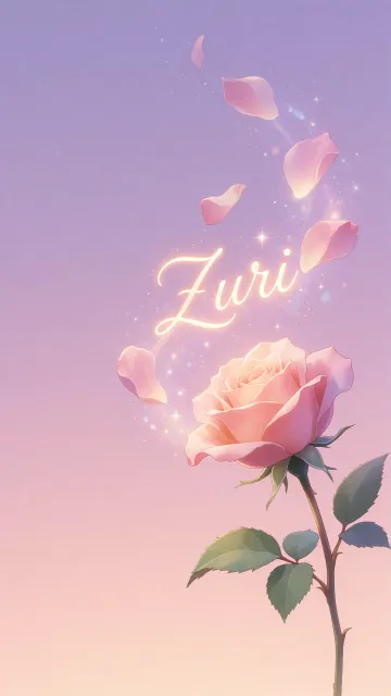 Zuri diseño 8 - Fondo de Pantalla con degradado suave que transiciona de lila en la parte superior a melocotón y rosa pastel en la base, destacando una rosa rosada hiperrealista con tallo y hojas verdes. El nombre brilla en tipografía cursiva con efecto neón cálido, adornado con pétalos cayendo y chispas de luz mágica.