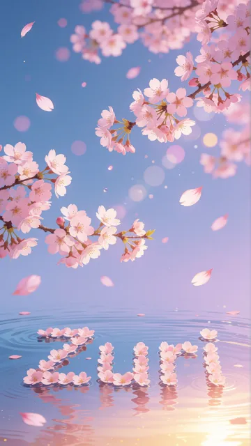 Zuri diseño 9 - Composición serena y onírica con ramas de cerezo en flor (sakura) en la parte superior contra un cielo en degradado de azul suave y lila. Pétalos de color rosa pastel flotan delicadamente en el aire cayendo hacia una superficie de agua tranquila y cristalina. En el centro inferior, el nombre está formado por pétalos de flores con un sutil efecto de relieve 3D y tipografía floral, reflejándose sobre el agua que está iluminada por un cálido destello dorado de luz solar en la esquina inferior derecha.